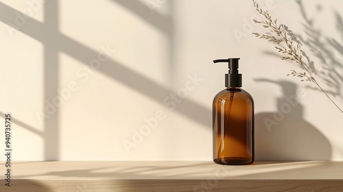 Amber glass pump bottle with natural shadows, eco-friendly design for organic products