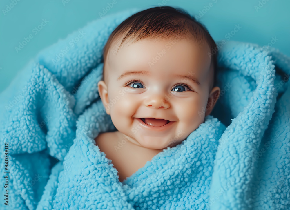 A portrait of smiling baby wrapped in blue blanket, studio photo concept. Beautiful close up portrait A portrait of smiling baby wrapped in blue blanket, studio photo concept. Beautiful close up portrait