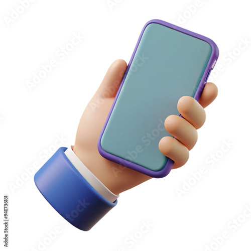  hand holding mobile phone 3d cartoon style illustration