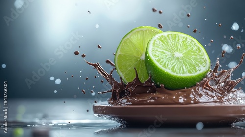 Lime splashing into rich chocolate, with high-detail droplets captured. photo