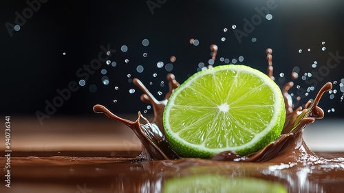 Lime splashing into rich chocolate, with high-detail droplets captured. photo