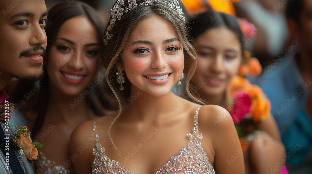 A family celebrating a quinceañera, with the young woman in a beautiful dress surrounded by loved ones, capturing a special cultural tradition, with copy space A family celebrating a quinceañera, with the young woman in a beautiful dress surrounded by loved ones, capturing a special cultural tradition, with copy space