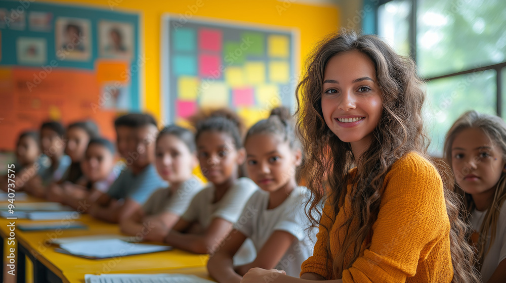 A teacher and students in a colorful classroom, with a focus on learning and cultural pride, showcasing the value of education in the community, with copy space A teacher and students in a colorful classroom, with a focus on learning and cultural pride, showcasing the value of education in the community, with copy space