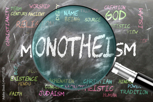 Monotheism being studying and under close inspection. Most important subjects and ideas closely related to monotheism written on a blackboard inspected by a magnifying glass. ,3d illustration photo