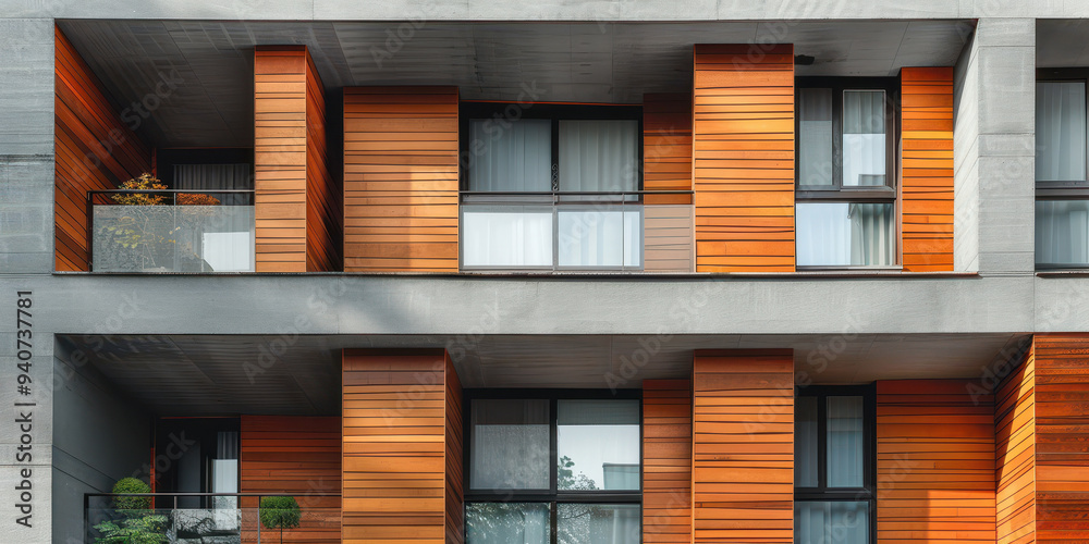 Close-up view of a modern architectural facade featuring wooden panels and large windows in an urban setting during daylight Close-up view of a modern architectural facade featuring wooden panels and large windows in an urban setting during daylight