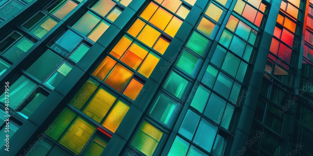 Closeup of a modern architectural facade featuring vibrant colors reflecting sunlight in an abstract design Closeup of a modern architectural facade featuring vibrant colors reflecting sunlight in an abstract design