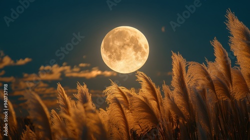 Full moon and Japanese pampas grass in midnight,The harvest Miscanthus sinensis and full moon,beautiful night sky in the countryside with the perfect moon exudes beauty in the dark.