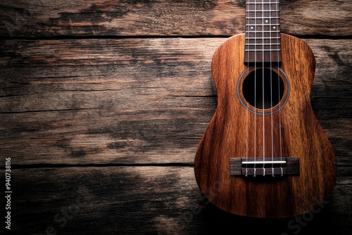 Close up of ukulele on old wooden background, Dark tone , ai