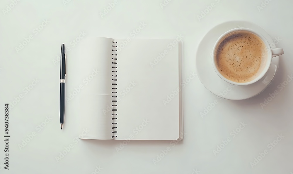 Blank Notebook, Pen, and Cup of Coffee on White Desk Blank Notebook, Pen, and Cup of Coffee on White Desk
