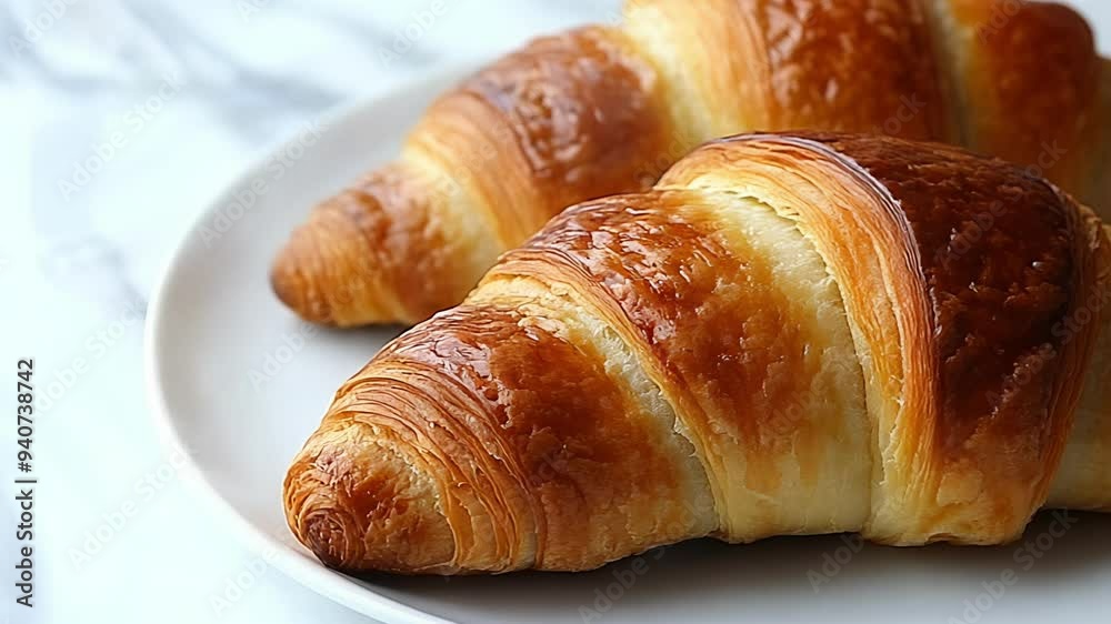 Warm, fluffy croissants are served on a white plate, showcasing their golden, flaky layers in a comforting kitchen atmosphere. Warm, fluffy croissants are served on a white plate, showcasing their golden, flaky layers in a comforting kitchen atmosphere.