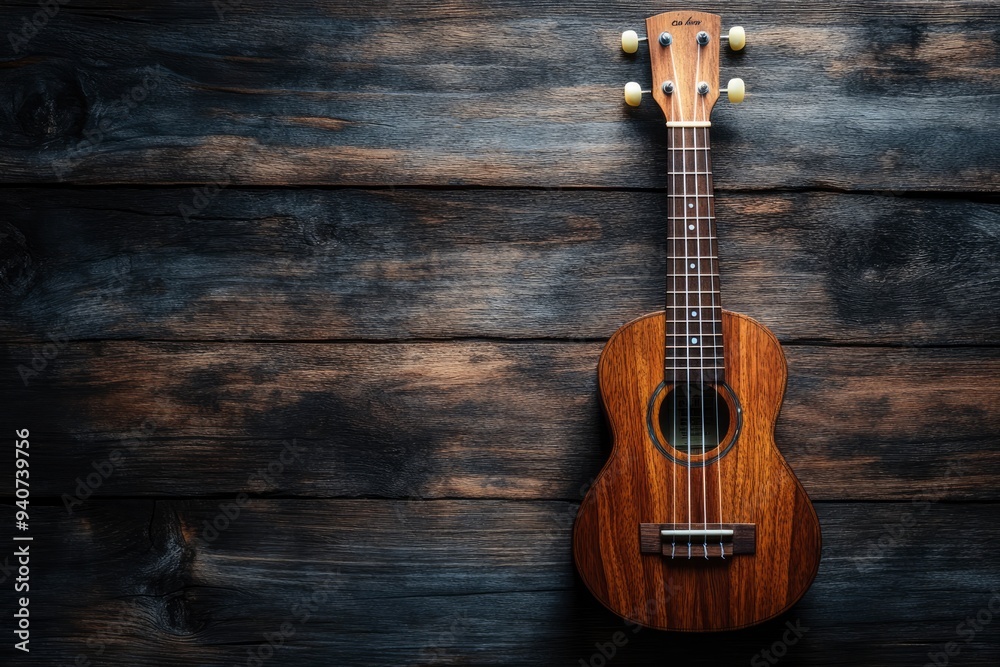 Fototapeta premium Close up of ukulele on old wooden background, Dark tone , ai