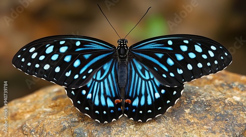 The blue tiger butterfly (Tirumala limniace) is a striking butterfly species known for its vibrant, iridescent blue wings adorned with bold black markings. photo