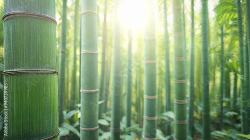 Experience tranquility in a bamboo forest as morning light breaks through, illuminating the tall green stalks and vibrant vegetation.