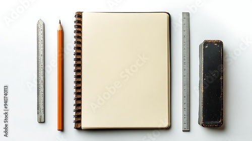 Blank Notebook with Pencil, Ruler, and Eraser