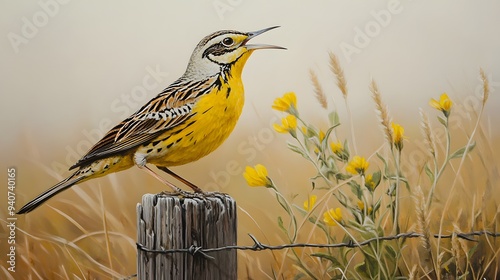 Western Meadowlark (Sturnella neglecta) singing from a fence post in a wide-open prairie, with wildf photo