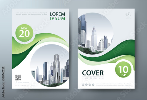 Flyer, Cover Annual Report with Illustrations of Cityscapes and High-Tech Skyscrapers, presentation book cover templates, layout in A4 size