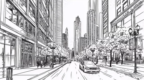 Obraz 
Street scene illustration. Hand drawn ink line sketch Chicago, USA with buildings, windows, cityscape, people which brings forward which brings forward