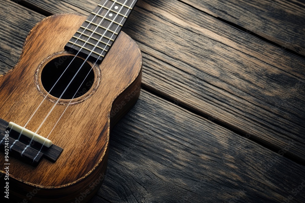 Fototapeta premium Close up of ukulele on old wooden background, Dark tone , ai
