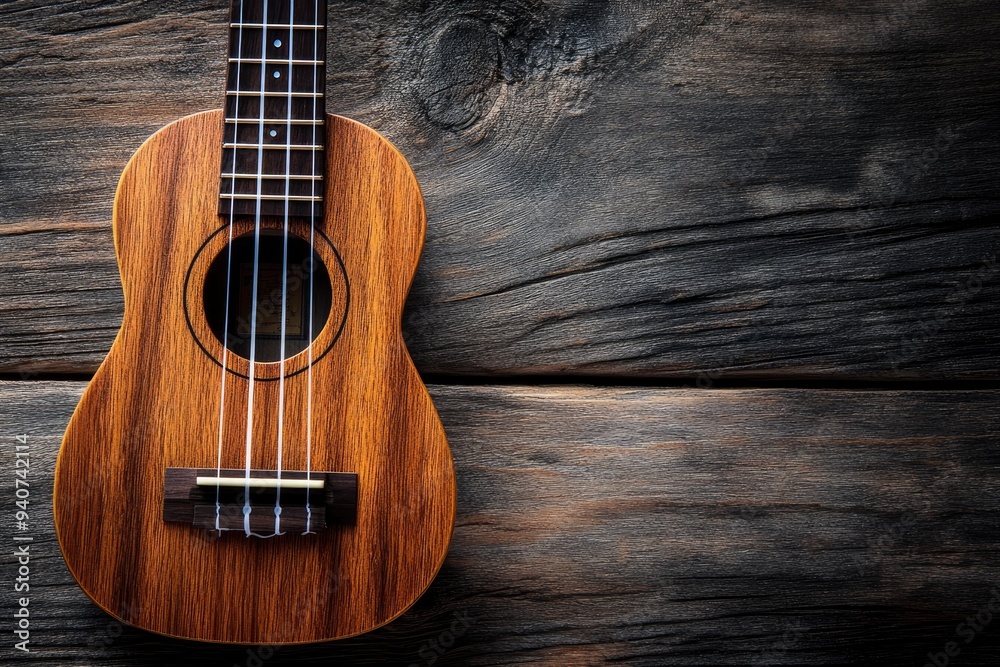 Fototapeta premium Close up of ukulele on old wooden background, Dark tone , ai