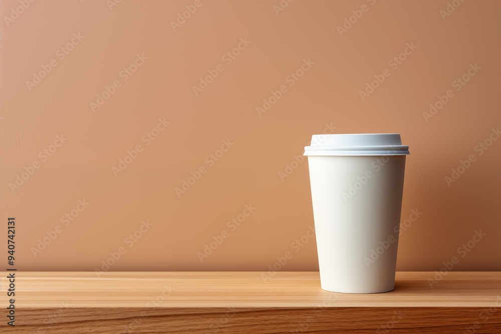 Blank craft paper cup standing on wooden table with beige wall in the background. Paper cup coffee Blank craft paper cup standing on wooden table with beige wall in the background. Paper cup coffee