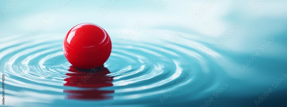A red object floats atop a body of water, featuring a solitary droplet in its midst A red object floats atop a body of water, featuring a solitary droplet in its midst