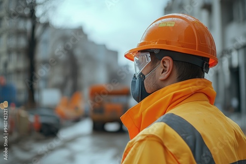 Construction worker in safety gear. Ideal for safety, construction, and urban development projects.