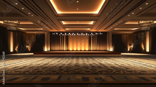 Spacious Event Hall with a Stage Adorned with Soft Lighting and Patterned Carpet