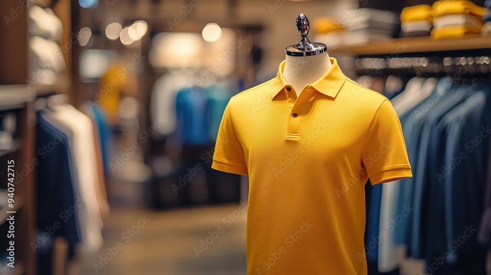 Yellow polo shirt displayed on a mannequin in a stylish clothing store Yellow polo shirt displayed on a mannequin in a stylish clothing store
