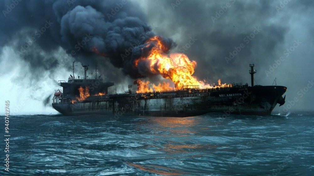 Cargo ship burning on fire with large scale smoke. Aerial Aerial, red Sea, Cargo tanker ship Cargo ship burning on fire with large scale smoke. Aerial Aerial, red Sea, Cargo tanker ship