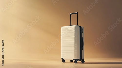 Beige Suitcase on a Minimalistic Background with Soft Warm Lighting