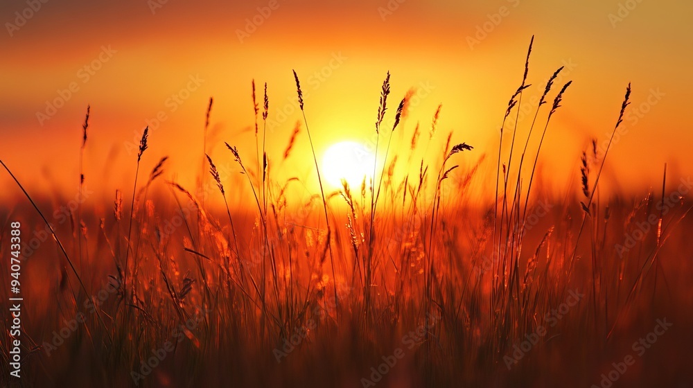 The field of grass stretches out under a stunning sunset, with the golden and orange hues of the sky casting a warm glow over the landscape. The field of grass stretches out under a stunning sunset, with the golden and orange hues of the sky casting a warm glow over the landscape.