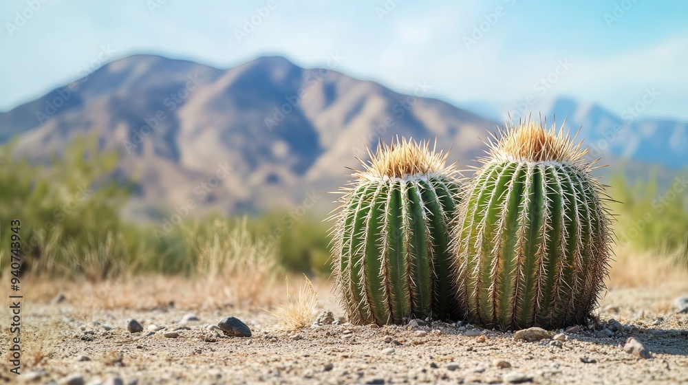 An isolated cylindrical cactus stands prominently against a backdrop of mountain ranges and a pale blue sky. An isolated cylindrical cactus stands prominently against a backdrop of mountain ranges and a pale blue sky.