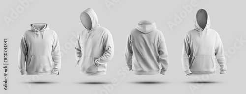 White oversized hoodie template 3D rendering, men's clothing for design, branding, print, front, side, back view. Set
