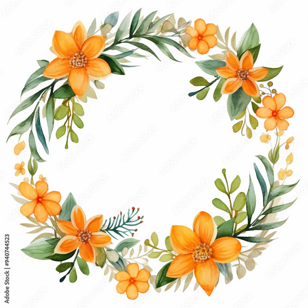 Obraz premium Watercolor orange flowers and green leaves circular frame