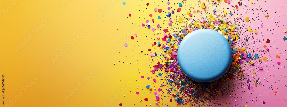 A blue object with sprinkles against a yellow-pink background; pink-yellow wall behind A blue object with sprinkles against a yellow-pink background; pink-yellow wall behind