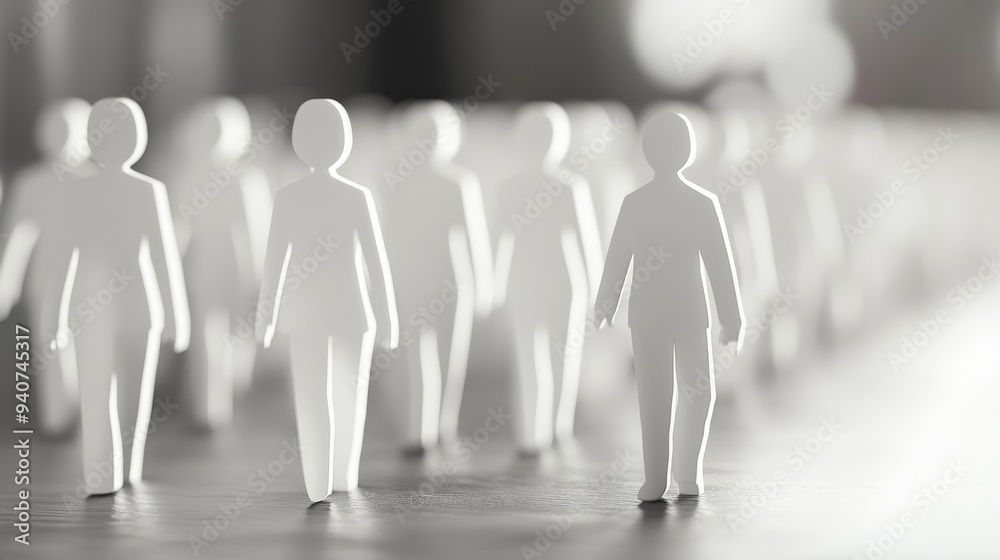 A line of paper cut-out figures stand in a row, representing a group of people. The image is in black and white, suggesting unity and anonymity. A line of paper cut-out figures stand in a row, representing a group of people. The image is in black and white, suggesting unity and anonymity.