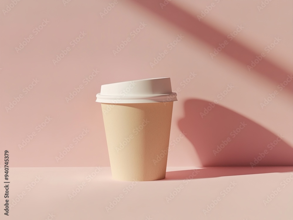 Disposable coffee cup with lid, soft pink background, minimalist style, modern design Disposable coffee cup with lid, soft pink background, minimalist style, modern design