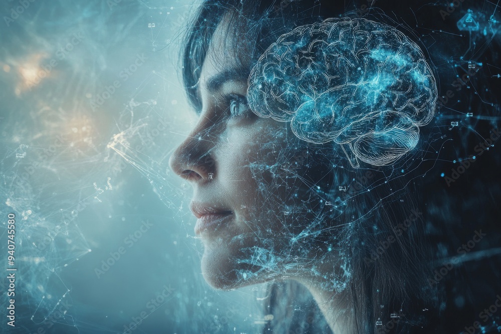 Surreal digital portrait of a woman with a glowing brain and neural connections symbolizing intelligence mental health and cognitive function in a vibrant high tech design Surreal digital portrait of a woman with a glowing brain and neural connections symbolizing intelligence mental health and cognitive function in a vibrant high tech design