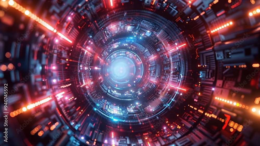 A futuristic tunnel with vibrant lights and intricate circuitry, suggesting advanced technology. A futuristic tunnel with vibrant lights and intricate circuitry, suggesting advanced technology.