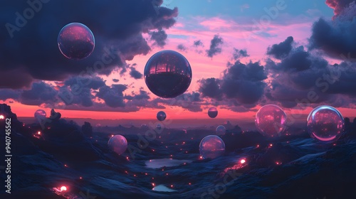 a surreal landscape with floating translucent o. A stunning surreal landscape featuring floating orbs illuminated by a vibrant sunset, creating a drea