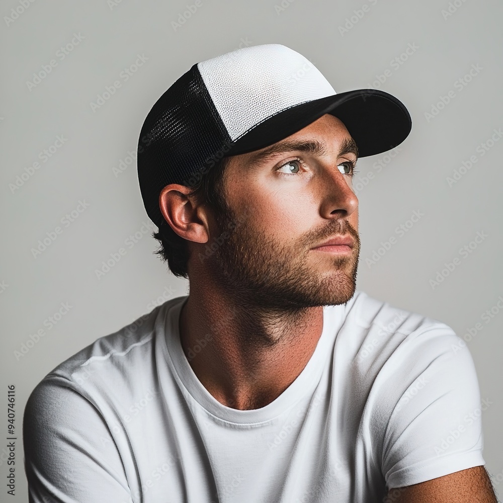 Portrait of a man wearing a cap and white t-shirt looking sideways Portrait of a man wearing a cap and white t-shirt looking sideways