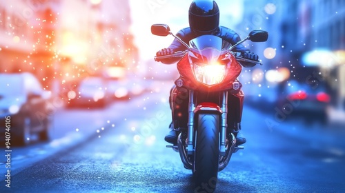 A motorcyclist rides through a city street at night, the headlights illuminating the road ahead.