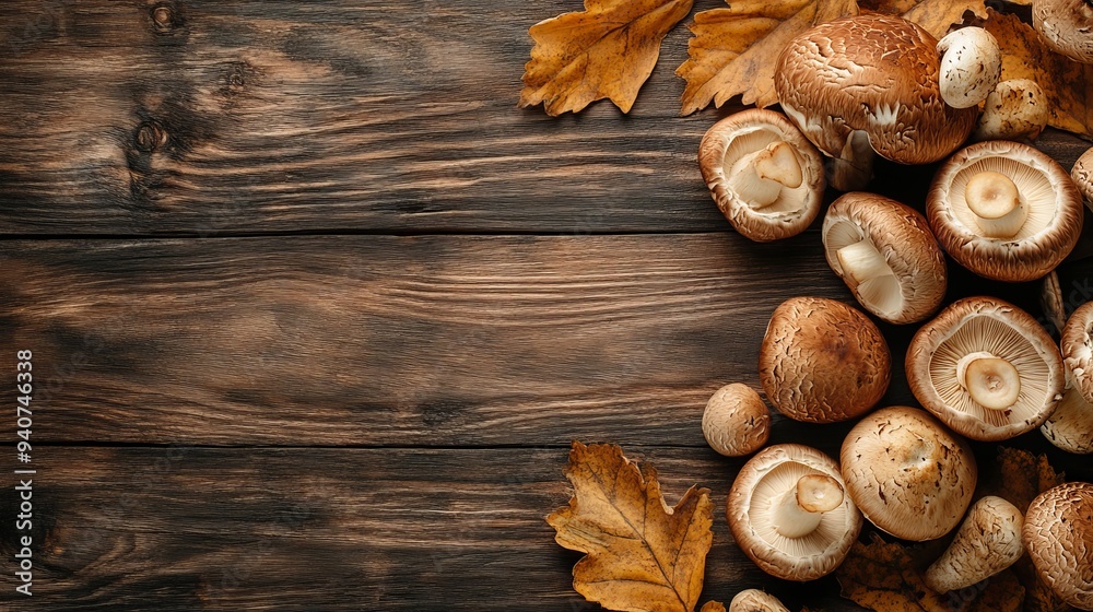 Fresh mushrooms are spread out on a wooden table, showcasing their natural earthy tones and textures. Fresh mushrooms are spread out on a wooden table, showcasing their natural earthy tones and textures.