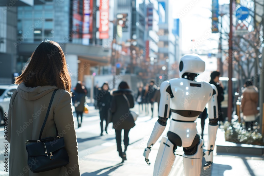 Woman and robot walking on busy city street