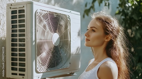 A serene young woman stands beside an air conditioning unit, enjoying a moment of cool comfort in a s photo