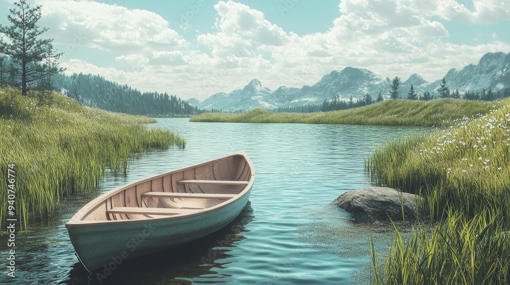 A small wooden boat floats serenely on a calm lake, surrounded by lush greenery and majestic mountains. The sun shines brightly, casting a warm glow on the scene. A small wooden boat floats serenely on a calm lake, surrounded by lush greenery and majestic mountains. The sun shines brightly, casting a warm glow on the scene.