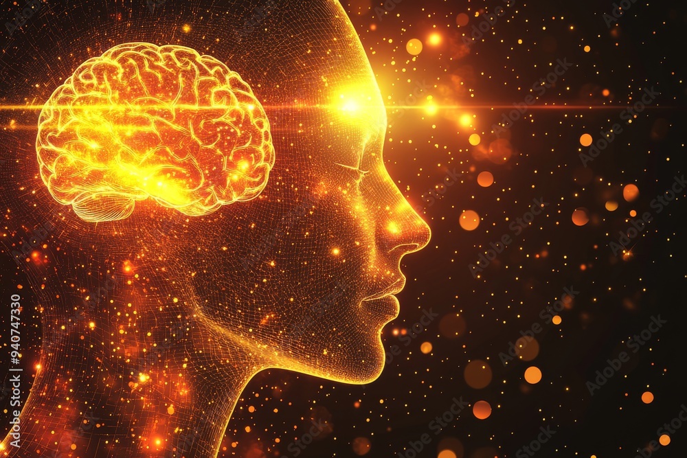 Surreal digital sculpture of a human head with a glowing brain and neural patterns symbolizing cognitive function mental health and introspection in a vibrant high tech design