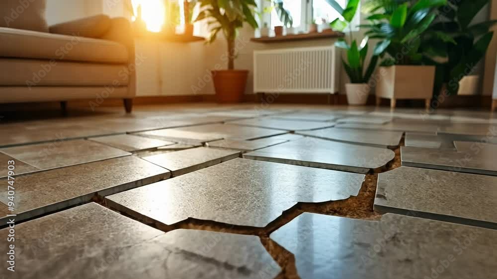 A close-up view of cracked flooring in a room filled with plants, showing potential structural issues as sunlight filters through the window.