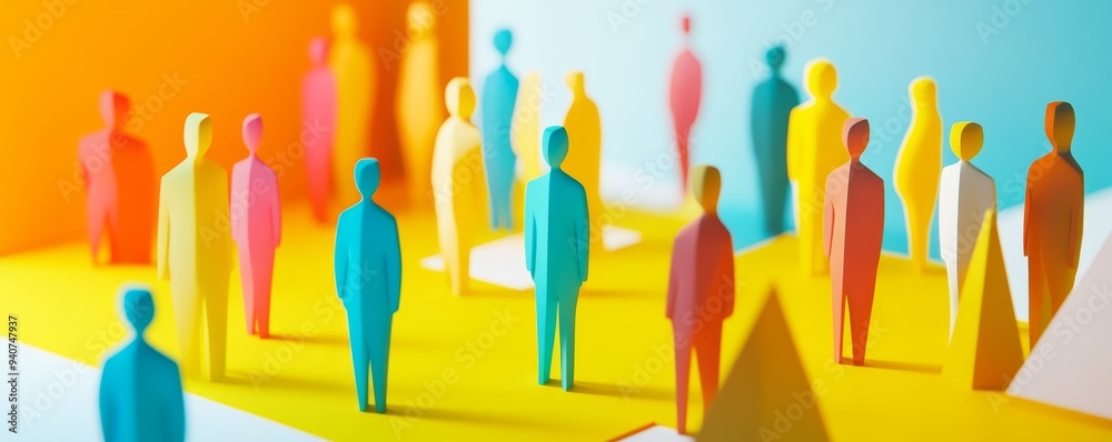 Abstract colorful figures stand in a yellow space. Abstract colorful figures stand in a yellow space.