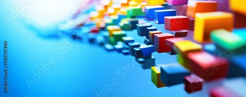 Abstract colorful cubes in a flowing pattern on blue background.